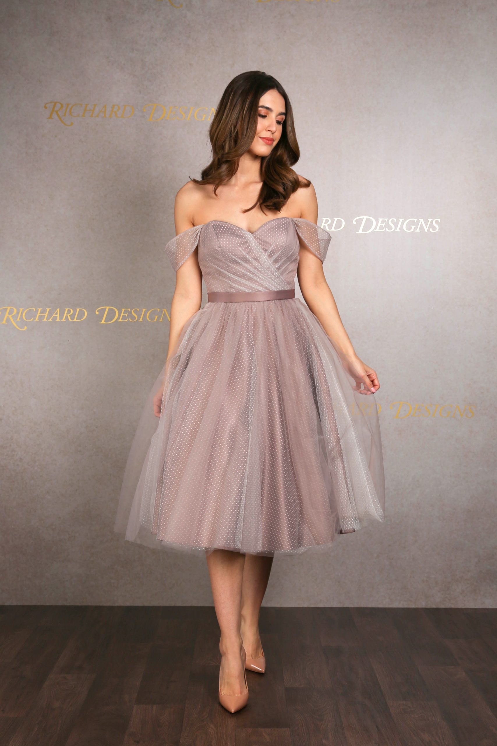 Spot Tulle Tea Length Dress with Detachable Off The Shoulder Straps Richard Designs