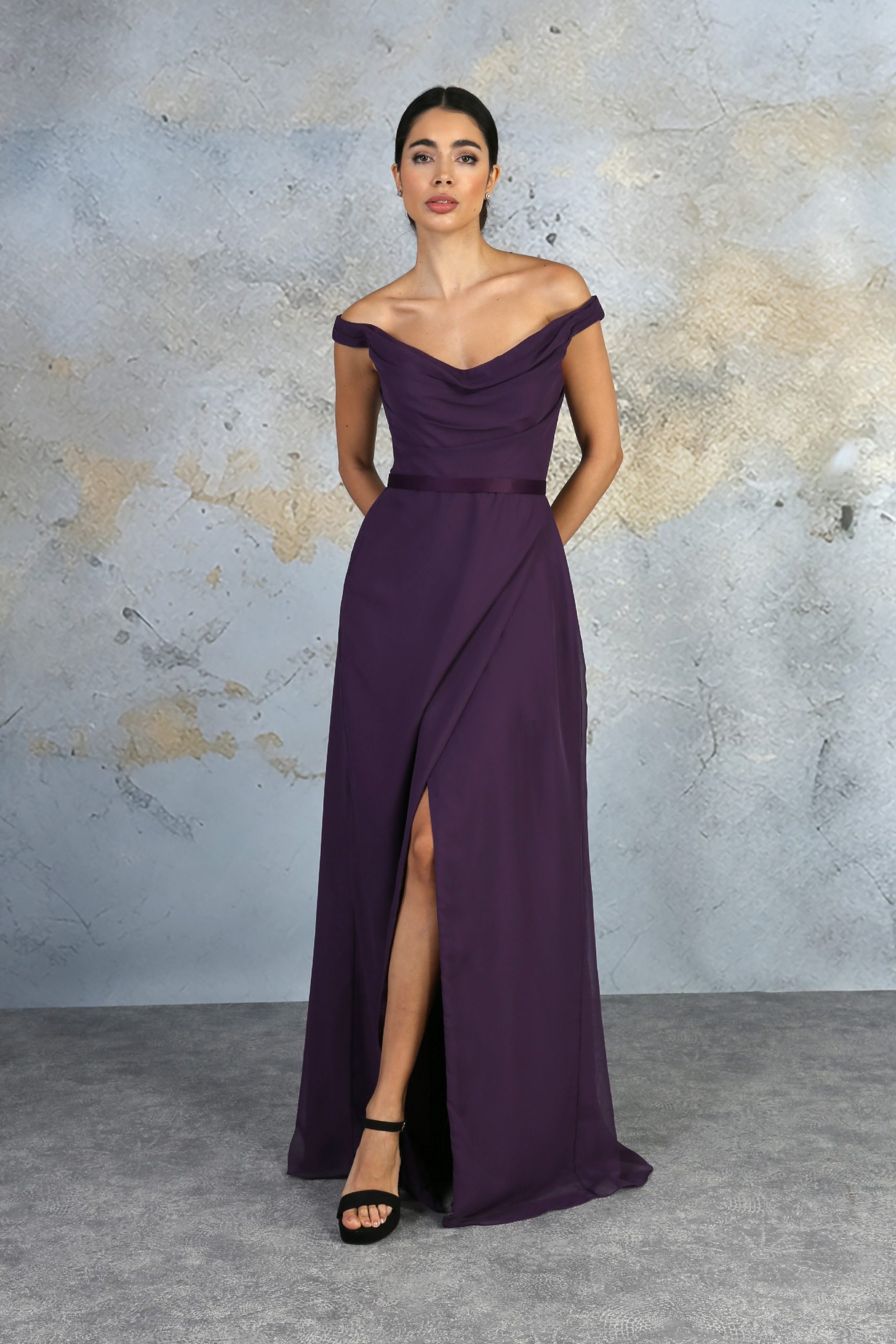 Chiffon off shoulder gown hotsell